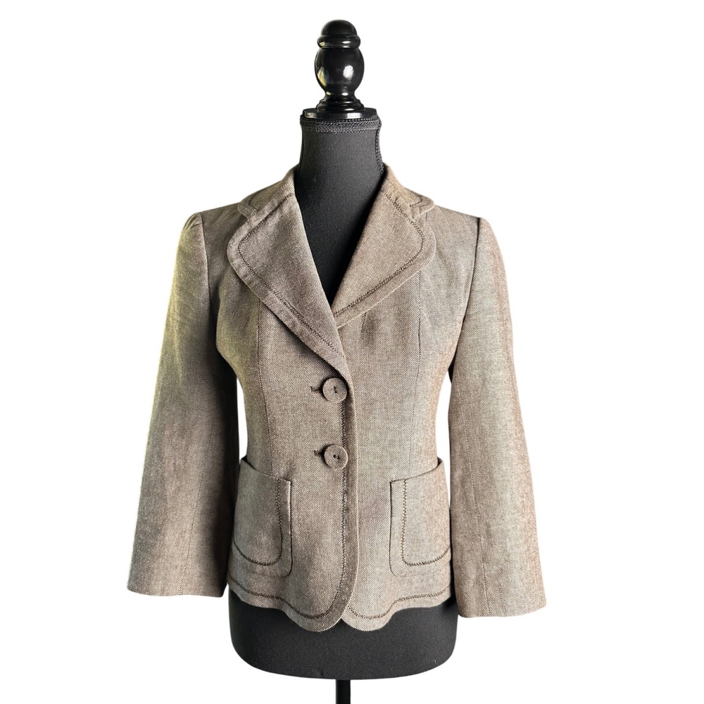 ANN TAYLOR PETITES Women's Brown Tweed Blazer 0P 3/4 Sleeve Button Front‎ Jacket